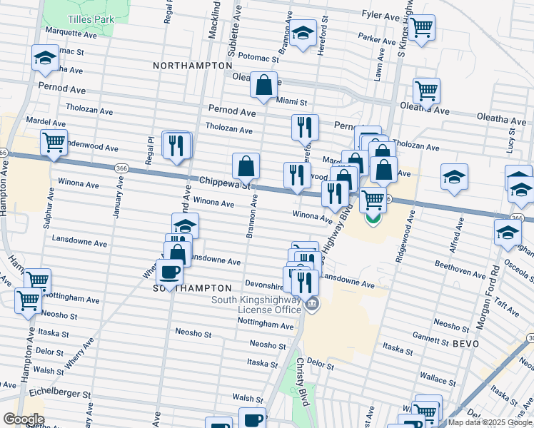 map of restaurants, bars, coffee shops, grocery stores, and more near 5050 Winona Avenue in St. Louis