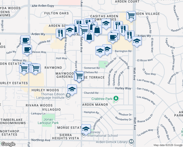 map of restaurants, bars, coffee shops, grocery stores, and more near 3128 Chelsea Road in Sacramento