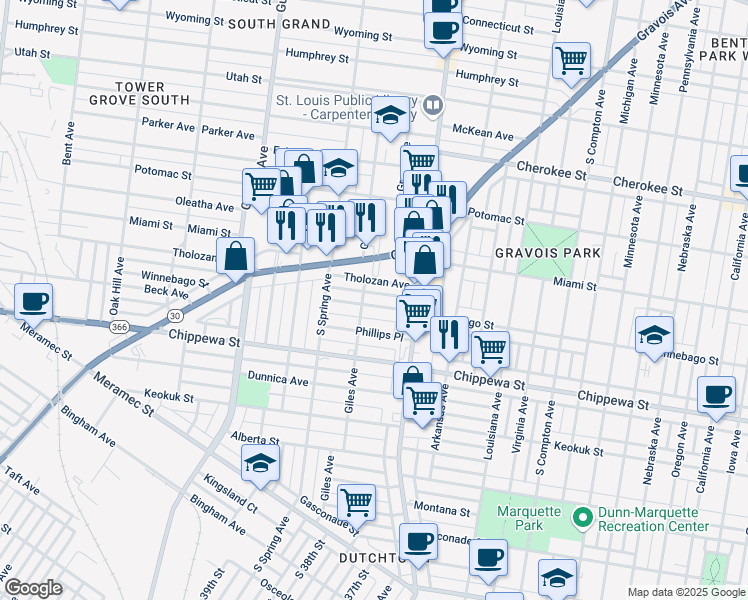 map of restaurants, bars, coffee shops, grocery stores, and more near 3651 Winnebago Street in St. Louis