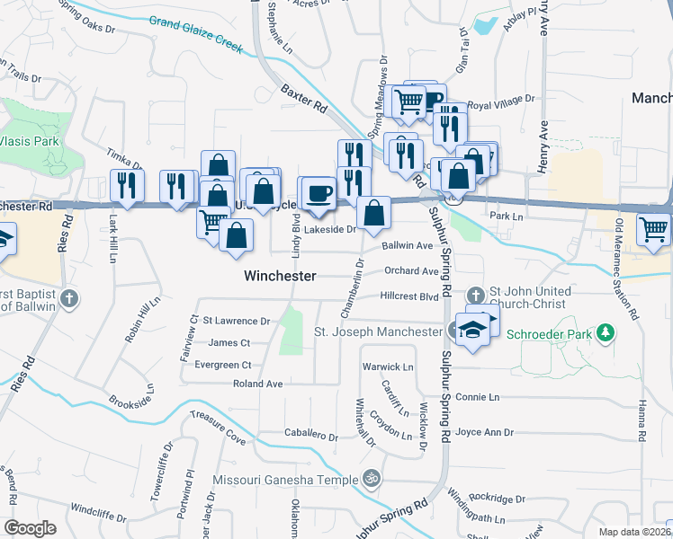map of restaurants, bars, coffee shops, grocery stores, and more near 245 Orchard Avenue in Ballwin