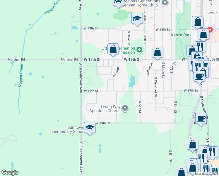 map of restaurants, bars, coffee shops, grocery stores, and more near 1639 South Osage Drive in Ottawa