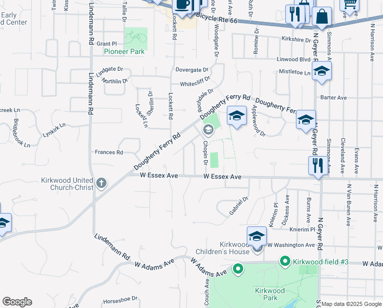 map of restaurants, bars, coffee shops, grocery stores, and more near 639 Beethoven Drive in Kirkwood