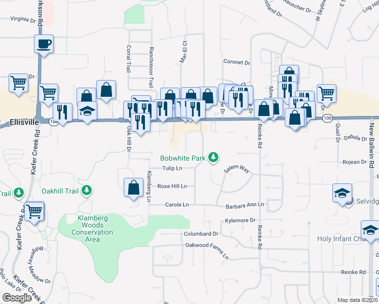 map of restaurants, bars, coffee shops, grocery stores, and more near 27 West Meadow Lane in Ellisville