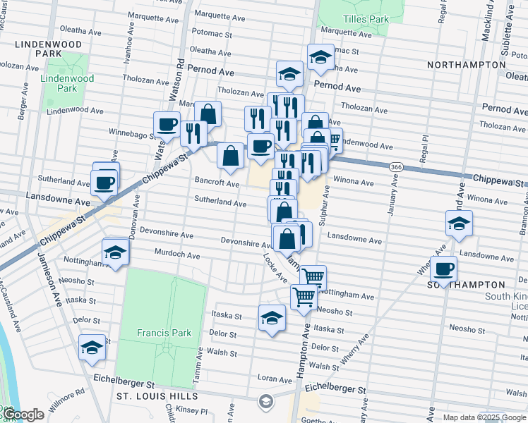 map of restaurants, bars, coffee shops, grocery stores, and more near 6022 Sutherland Avenue in St. Louis