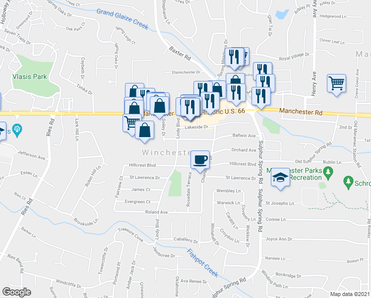 map of restaurants, bars, coffee shops, grocery stores, and more near 213 Orchard Avenue in Ballwin