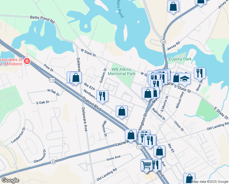 map of restaurants, bars, coffee shops, grocery stores, and more near 275 West Monroe Street in Millsboro