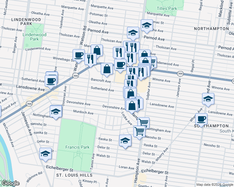 map of restaurants, bars, coffee shops, grocery stores, and more near 6022 Sutherland Avenue in St. Louis