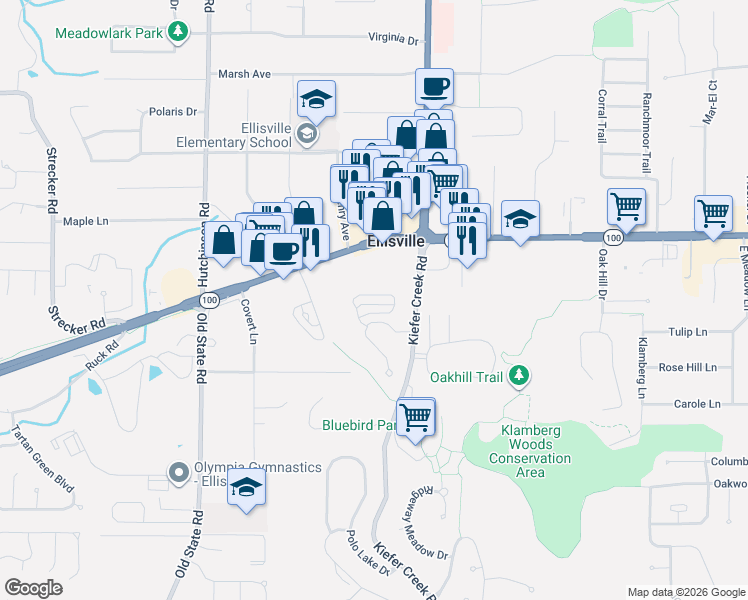 map of restaurants, bars, coffee shops, grocery stores, and more near 425 Parkview Place Drive in Ellisville