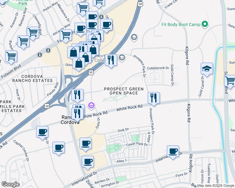map of restaurants, bars, coffee shops, grocery stores, and more near 10860 Gold Center Drive in Rancho Cordova
