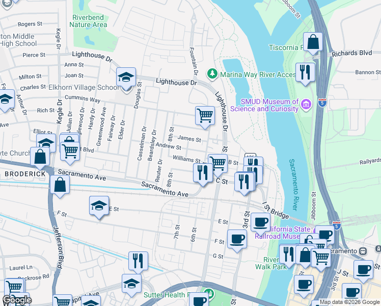 map of restaurants, bars, coffee shops, grocery stores, and more near 611 Andrew Street in West Sacramento