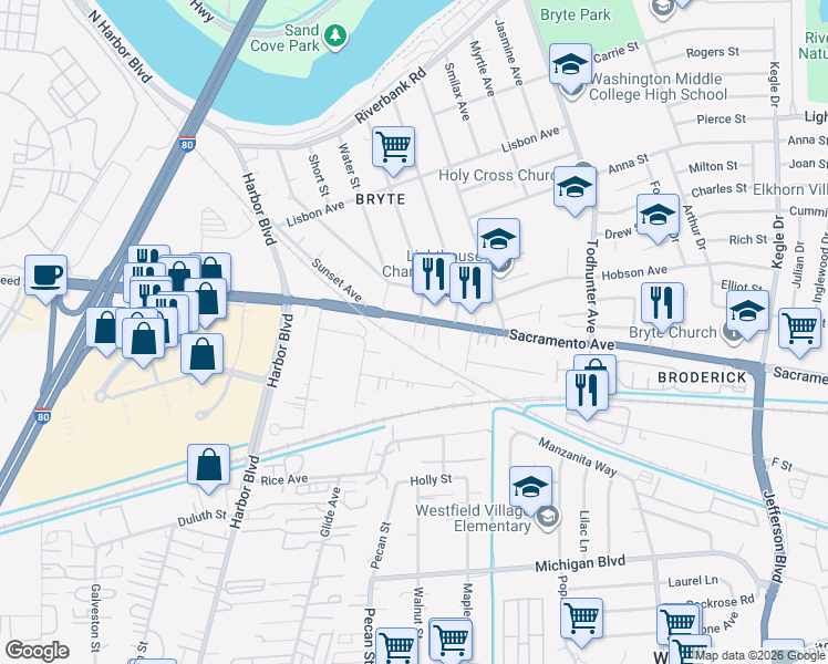 map of restaurants, bars, coffee shops, grocery stores, and more near 1621 Sacramento Avenue in West Sacramento
