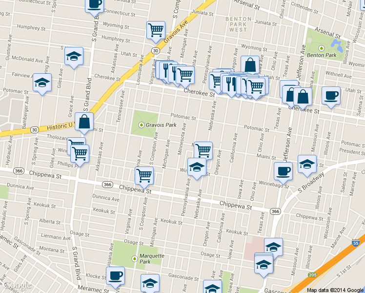map of restaurants, bars, coffee shops, grocery stores, and more near 3100 Miami Street in St. Louis
