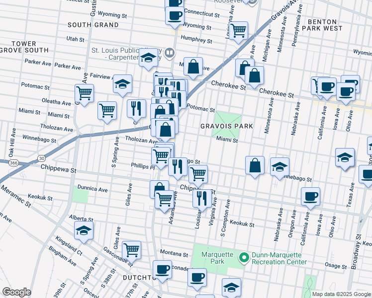 map of restaurants, bars, coffee shops, grocery stores, and more near 3639 Tennessee Avenue in St. Louis
