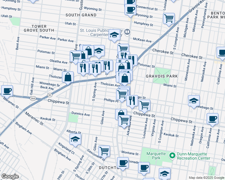 map of restaurants, bars, coffee shops, grocery stores, and more near 3651 Winnebago Street in St. Louis