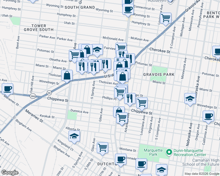 map of restaurants, bars, coffee shops, grocery stores, and more near 3651 Winnebago Street in St. Louis
