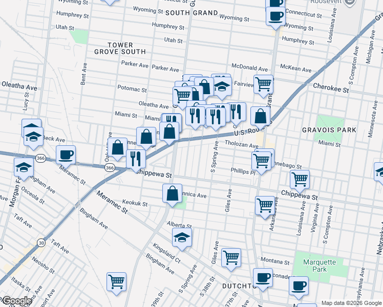 map of restaurants, bars, coffee shops, grocery stores, and more near 3641 Hydraulic Avenue in St. Louis