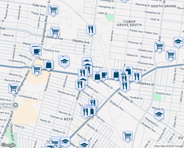map of restaurants, bars, coffee shops, grocery stores, and more near 4275 Chippewa Street in St. Louis