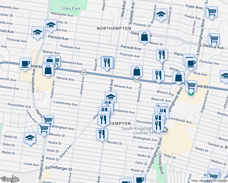 map of restaurants, bars, coffee shops, grocery stores, and more near 5353 Bancroft Avenue in St. Louis