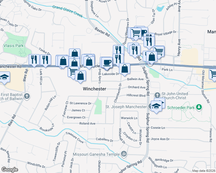 map of restaurants, bars, coffee shops, grocery stores, and more near 213 Orchard Avenue in Ballwin