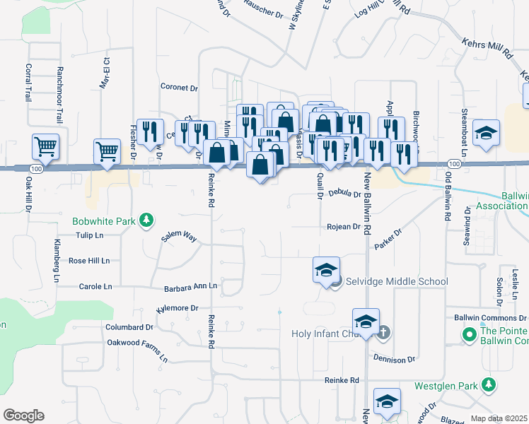 map of restaurants, bars, coffee shops, grocery stores, and more near 27 Reinke Road in Ellisville