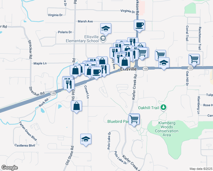 map of restaurants, bars, coffee shops, grocery stores, and more near 30 Cathcart Drive in Ellisville