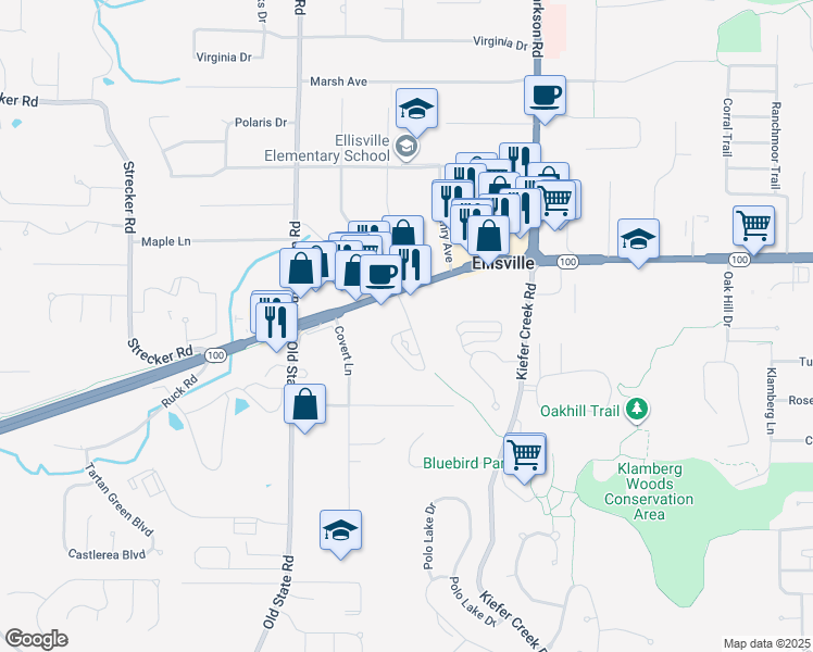 map of restaurants, bars, coffee shops, grocery stores, and more near 30 Cathcart Drive in Ellisville