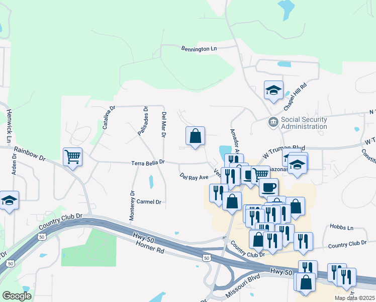 map of restaurants, bars, coffee shops, grocery stores, and more near 3821 Candlelight Dr in Jefferson City