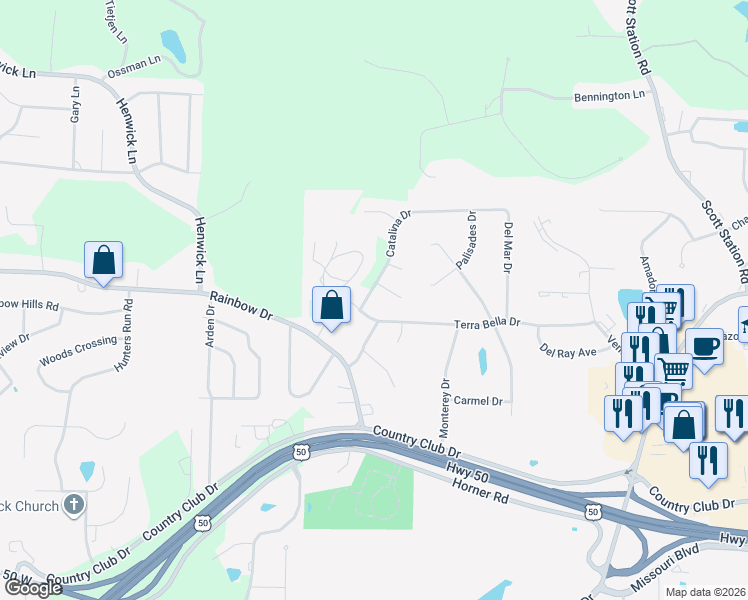 map of restaurants, bars, coffee shops, grocery stores, and more near 4215 Catalina Drive in Jefferson City