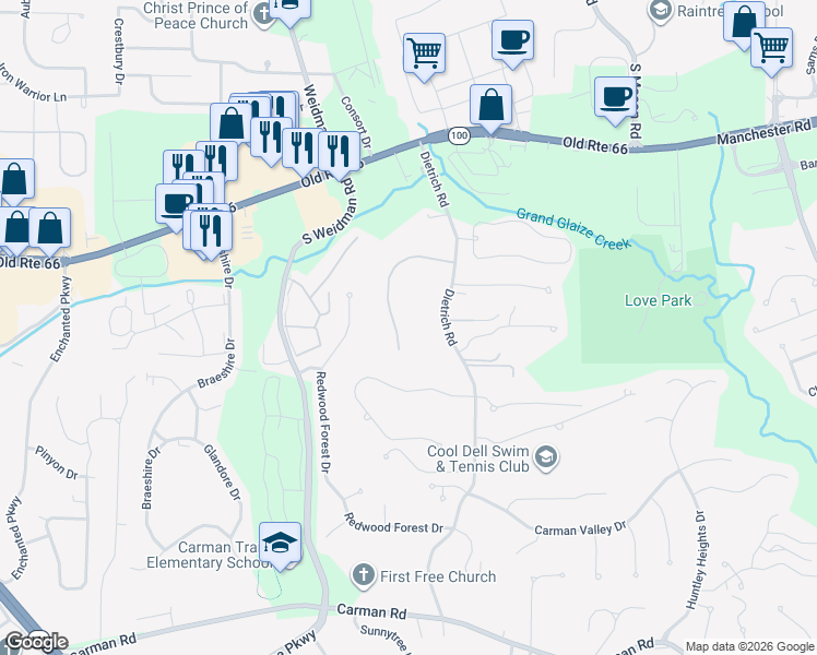 map of restaurants, bars, coffee shops, grocery stores, and more near 16 Lochhaven Lane in Ballwin