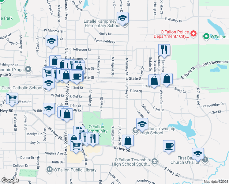 map of restaurants, bars, coffee shops, grocery stores, and more near 204 South Hilgard Street in O'Fallon
