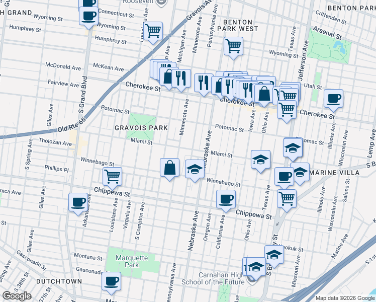 map of restaurants, bars, coffee shops, grocery stores, and more near 2920 Miami Street in St. Louis