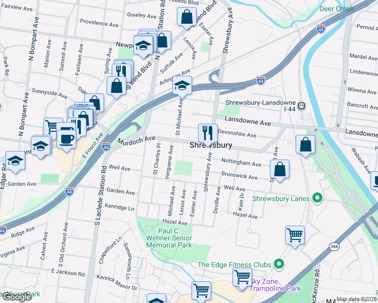 map of restaurants, bars, coffee shops, grocery stores, and more near 7515 Nottingham Avenue in St. Louis