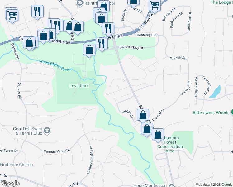map of restaurants, bars, coffee shops, grocery stores, and more near 2558 Barrett Place Drive in Ballwin