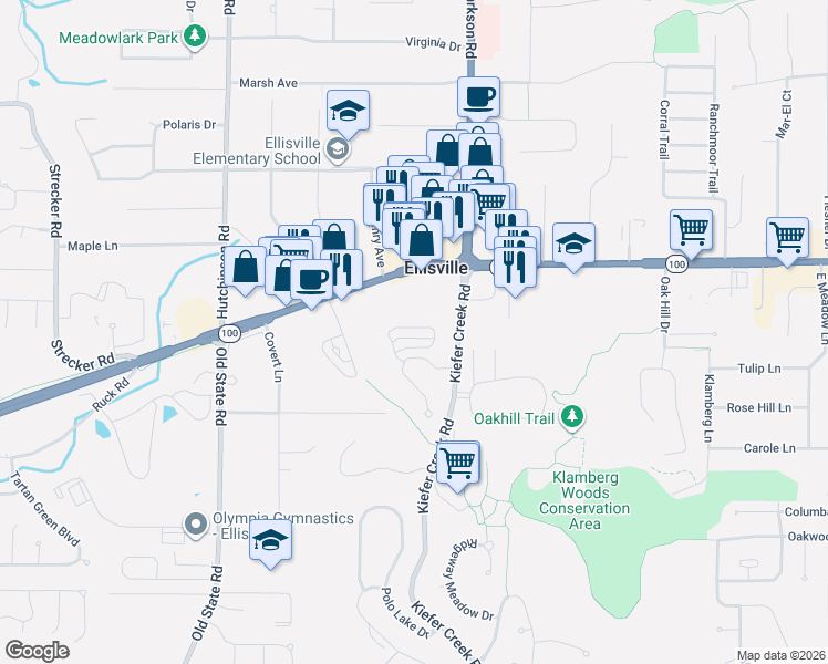 map of restaurants, bars, coffee shops, grocery stores, and more near 425 Parkview Place Drive in Ellisville