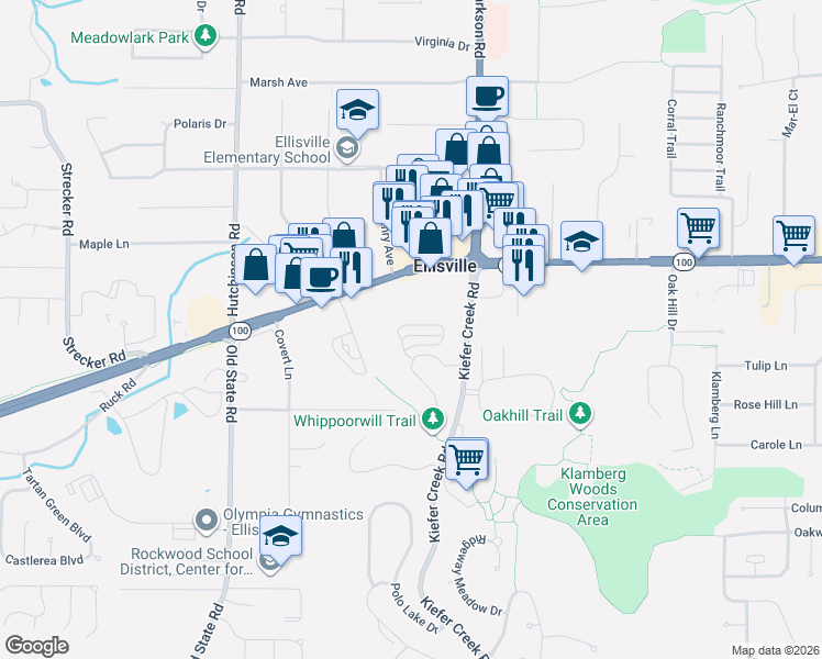 map of restaurants, bars, coffee shops, grocery stores, and more near 425 Parkview Place Drive in Ellisville