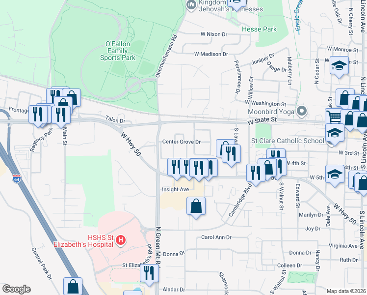 map of restaurants, bars, coffee shops, grocery stores, and more near 296 Eagle Ridge in O'Fallon