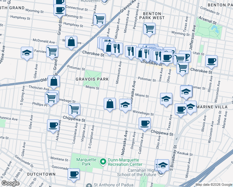 map of restaurants, bars, coffee shops, grocery stores, and more near 3100 Miami Street in St. Louis