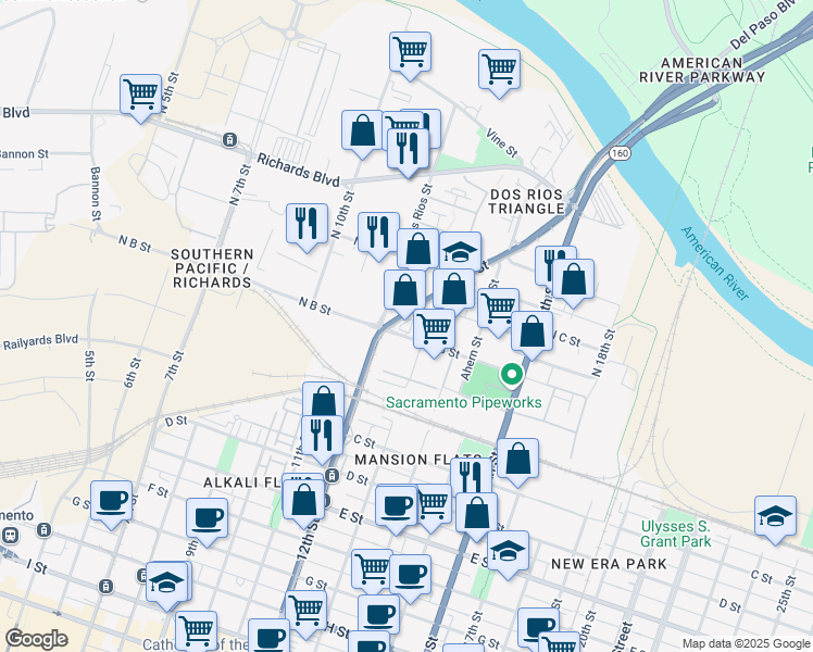 map of restaurants, bars, coffee shops, grocery stores, and more near 201 N 12th St in Sacramento