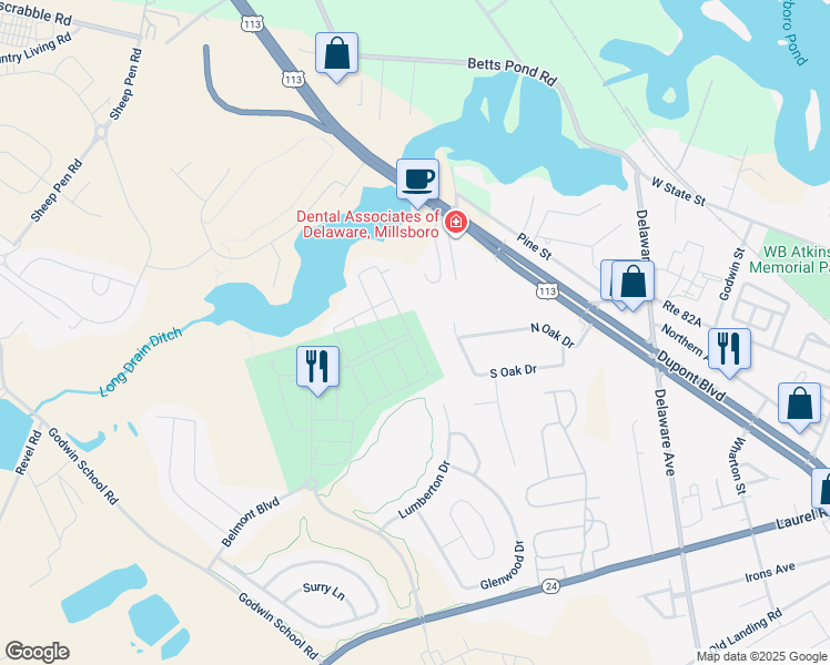 map of restaurants, bars, coffee shops, grocery stores, and more near 20934 Brunswick Lane in Millsboro