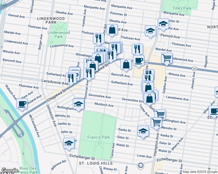 map of restaurants, bars, coffee shops, grocery stores, and more near 6381 Lansdowne Avenue in St. Louis