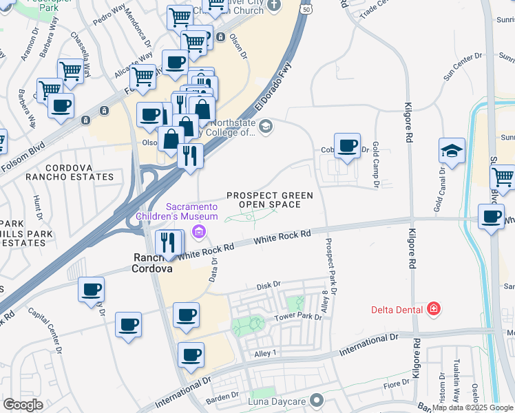 map of restaurants, bars, coffee shops, grocery stores, and more near 10951 White Rock Road in Rancho Cordova