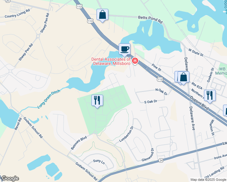 map of restaurants, bars, coffee shops, grocery stores, and more near 21108 Brunswick Lane in Millsboro