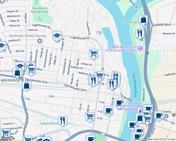 map of restaurants, bars, coffee shops, grocery stores, and more near 611 Andrew Street in West Sacramento