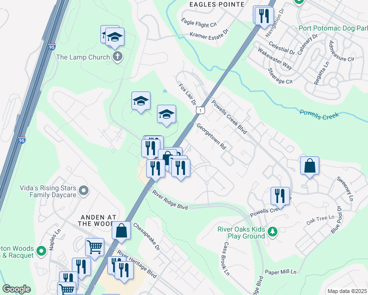 map of restaurants, bars, coffee shops, grocery stores, and more near 16680 Blackjack Oak Lane in Woodbridge