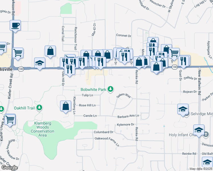 map of restaurants, bars, coffee shops, grocery stores, and more near 27 East Meadow Lane in Ellisville