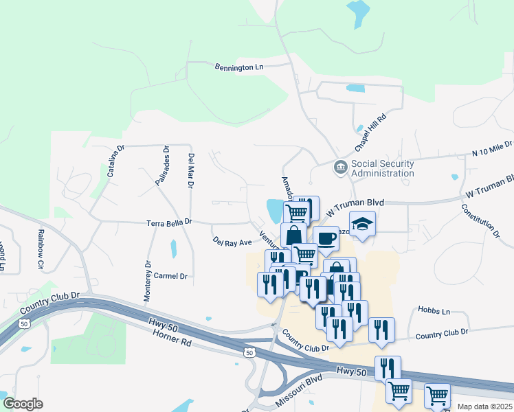 map of restaurants, bars, coffee shops, grocery stores, and more near 103 North Ventura Avenue in Jefferson City