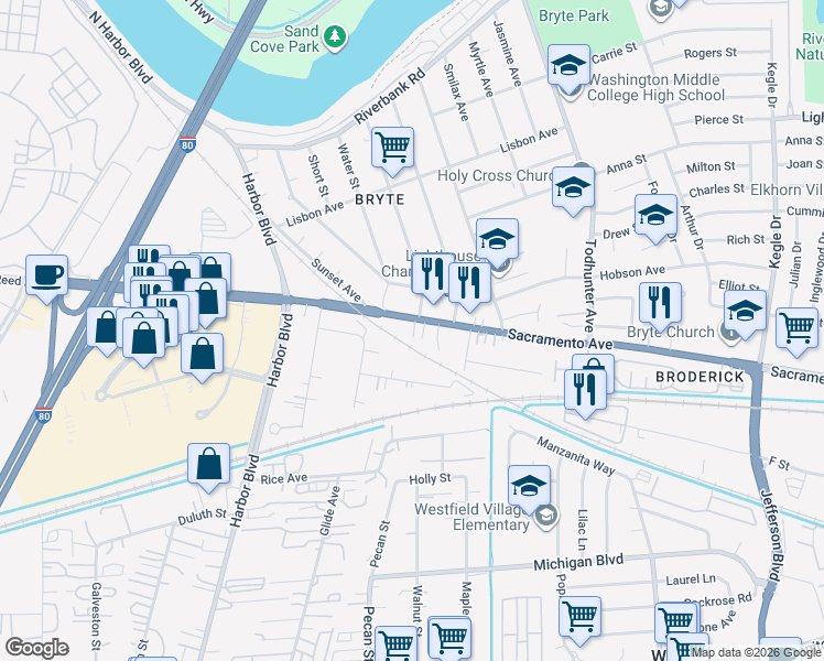 map of restaurants, bars, coffee shops, grocery stores, and more near 1621 Sacramento Avenue in West Sacramento