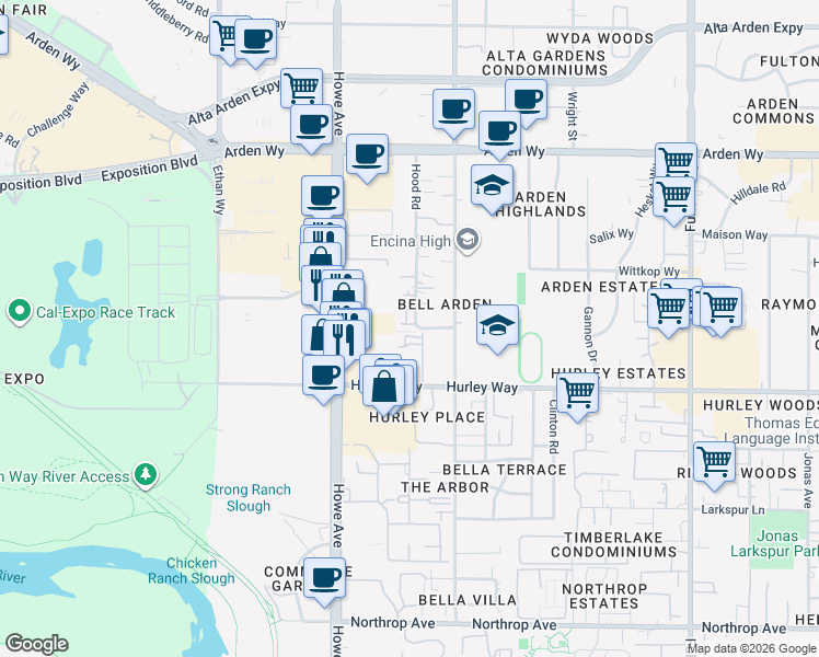 map of restaurants, bars, coffee shops, grocery stores, and more near 1363 Hood Road in Sacramento