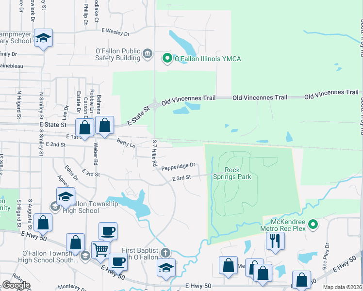 map of restaurants, bars, coffee shops, grocery stores, and more near 301 Willard Drive in O'Fallon