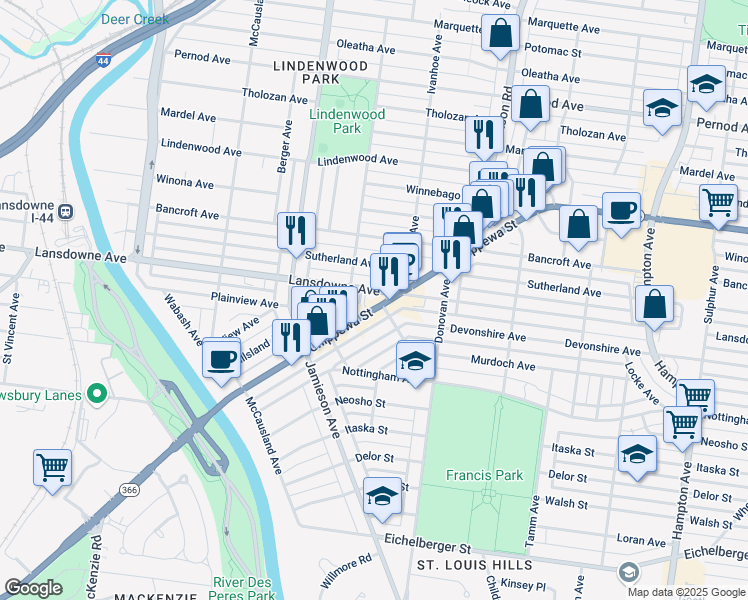 map of restaurants, bars, coffee shops, grocery stores, and more near in St. Louis